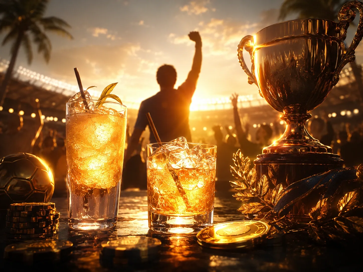 Golden hour champion celebration with trophy