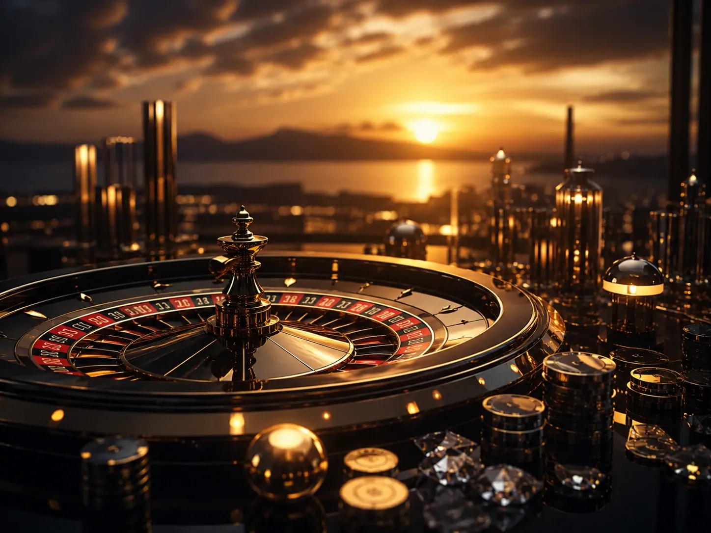Luxury roulette wheel with casino chips